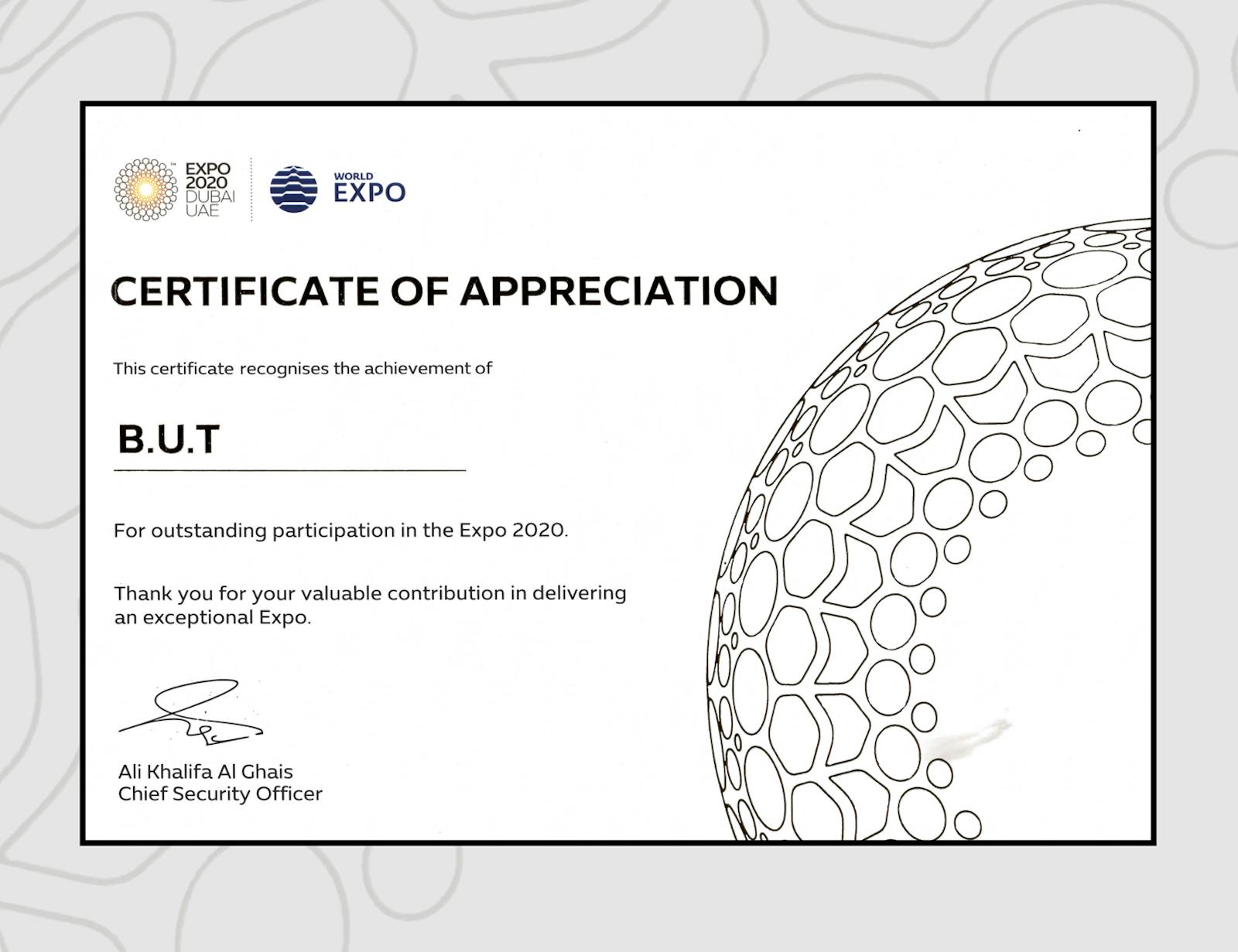 Expo2020 certificate appreciates BUT